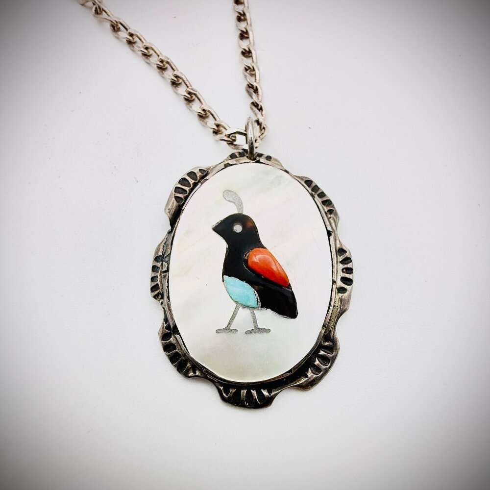 Sterling Zuni Inlay Quail Pendant Necklace MOP Turquoise Coral "RQ"